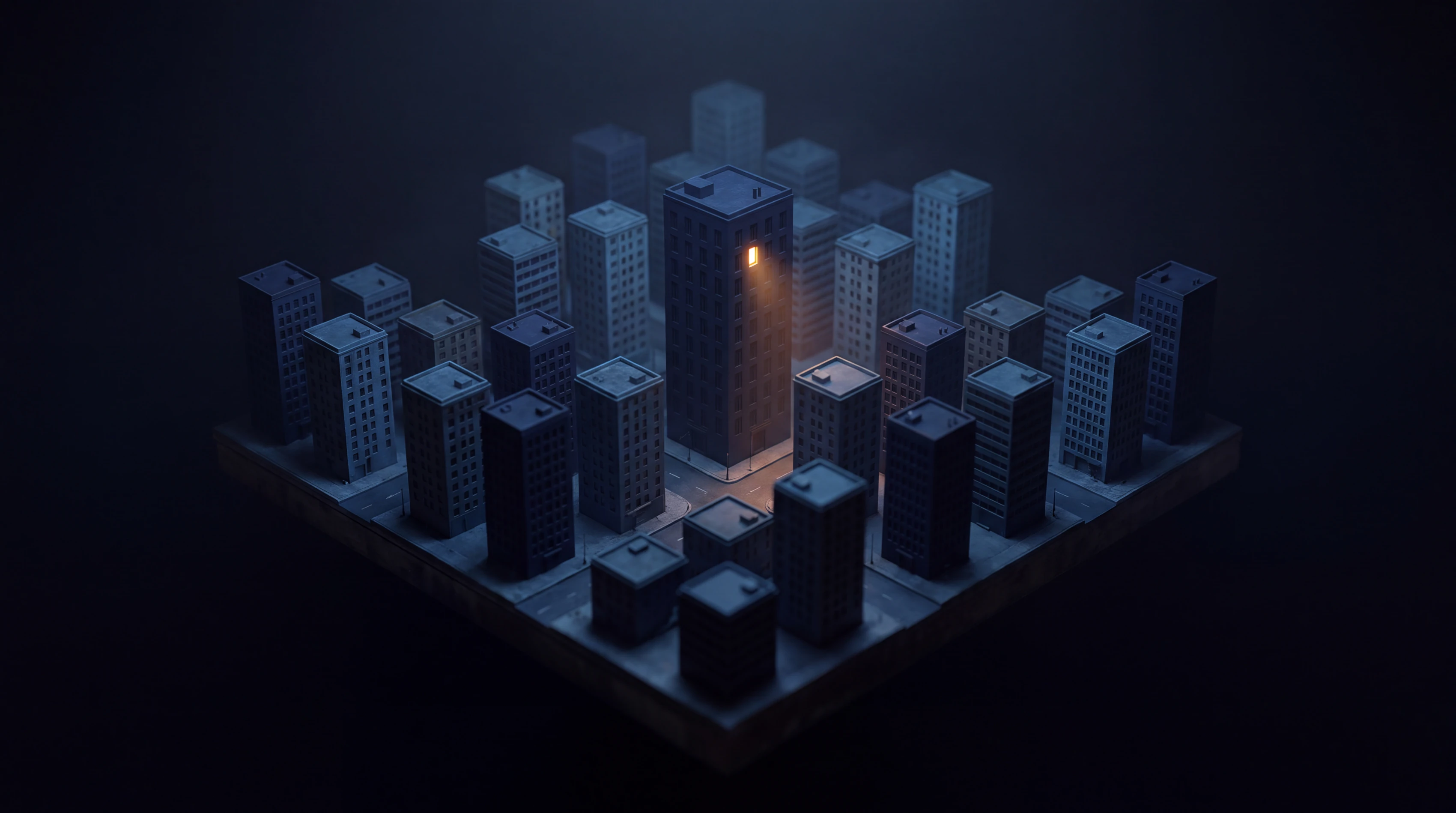 A miniature city at night rendered as a scale model, every window dark except one warm amber window near the top of the central tower.