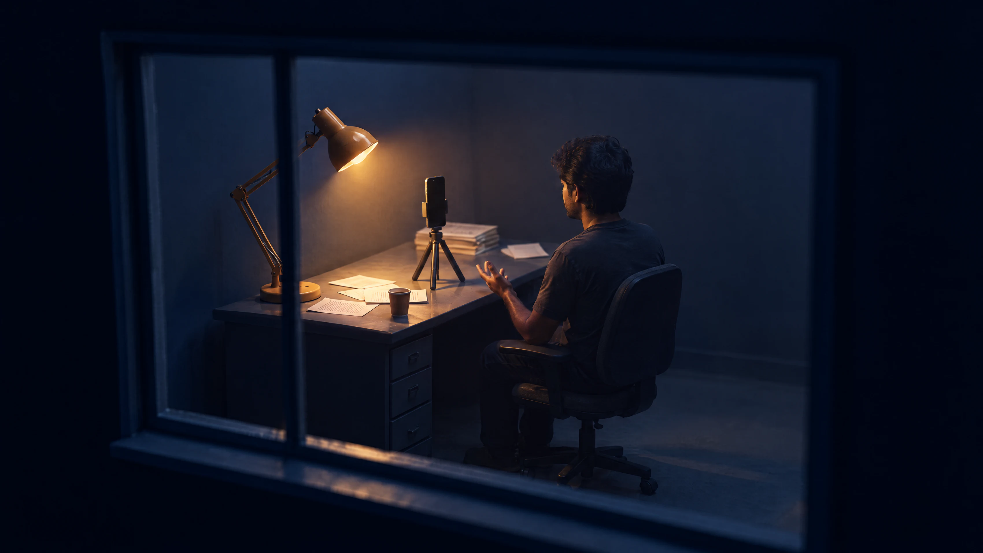 Seen through a window frame at night: a small dark room where a young founder in a dark t-shirt sits at a desk under a single warm lamp and talks to a phone standing upright on a tripod.