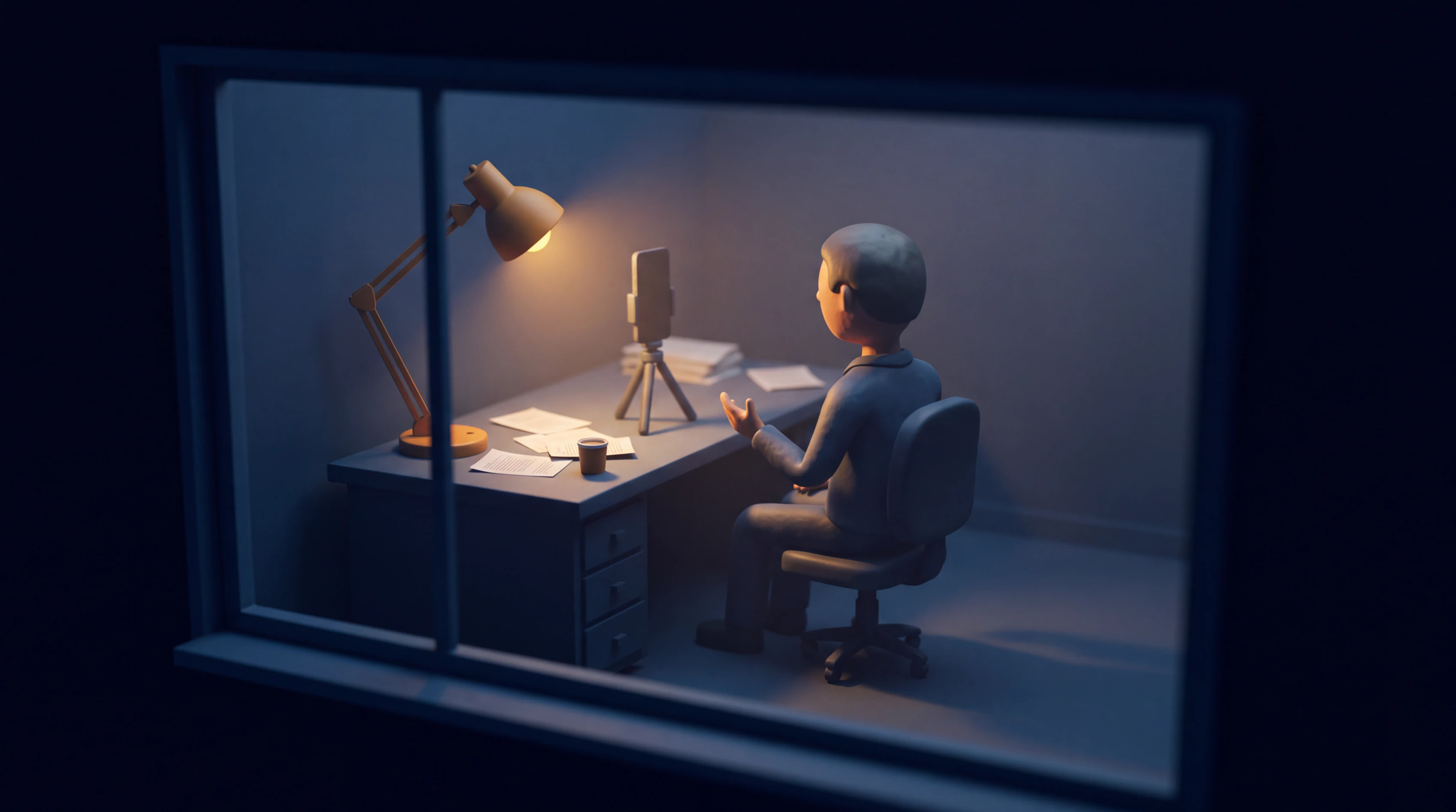 Seen through a window frame: a small dark room where a young founder, modelled as a clay figure, sits at a desk under a single lamp and talks to a phone standing on a tripod.