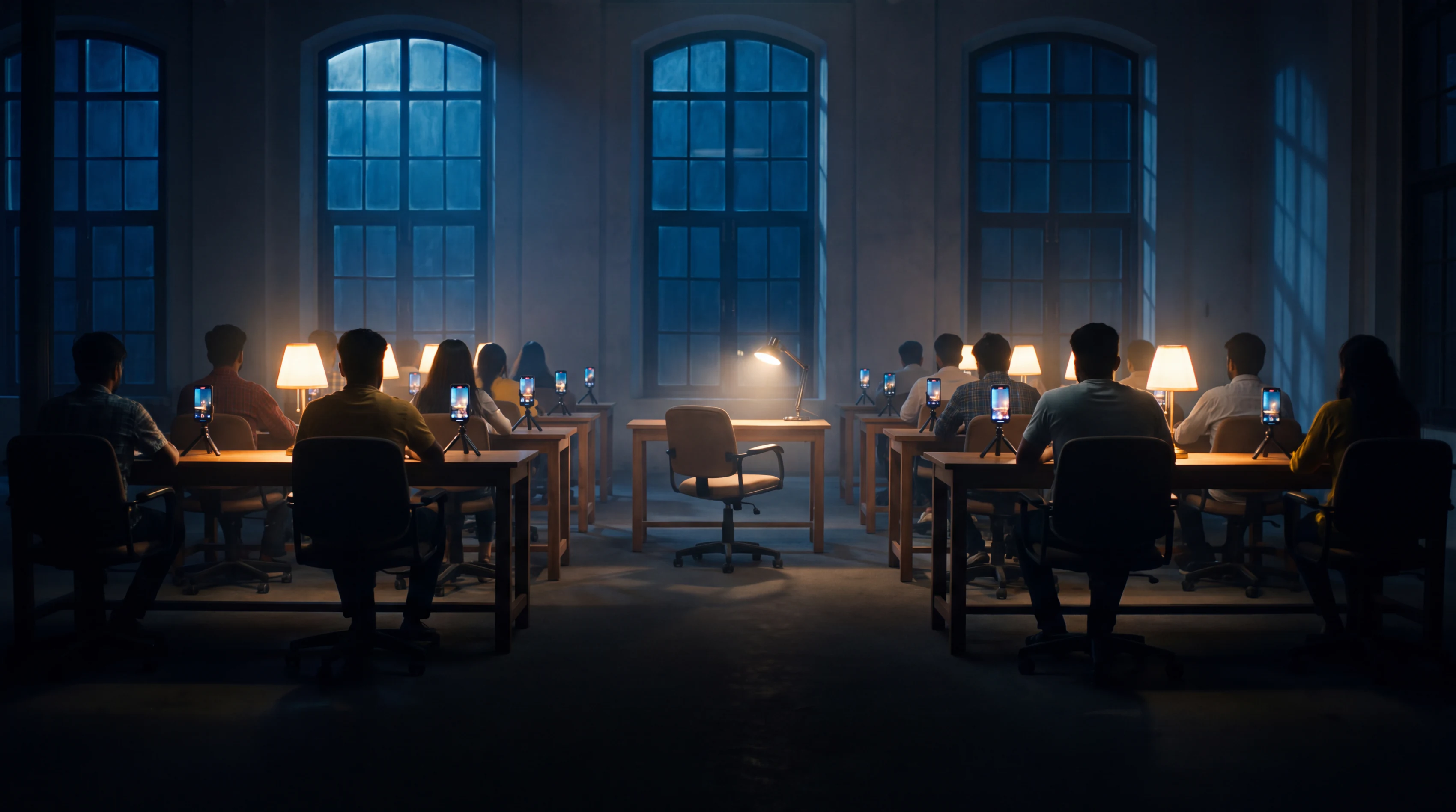 A dim hall at night where about twenty founders sit at desks with their backs to us, each with a warm lamp and a phone standing upright on a tripod. One desk in the middle of the room is empty, its lamp switched on and its chair waiting.