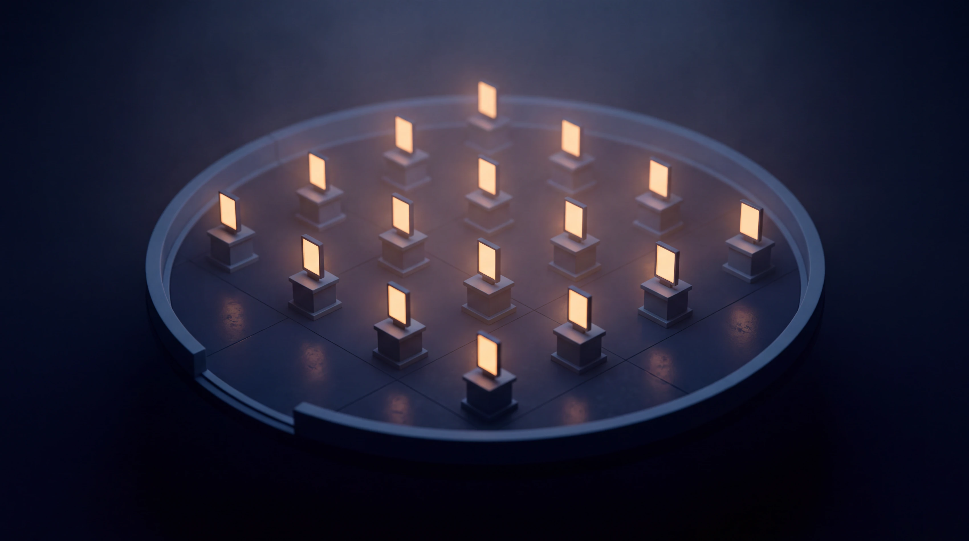 A circular model plaza holding a grid of eighteen small pedestals, each carrying an upright amber-lit screen, all facing the same way.