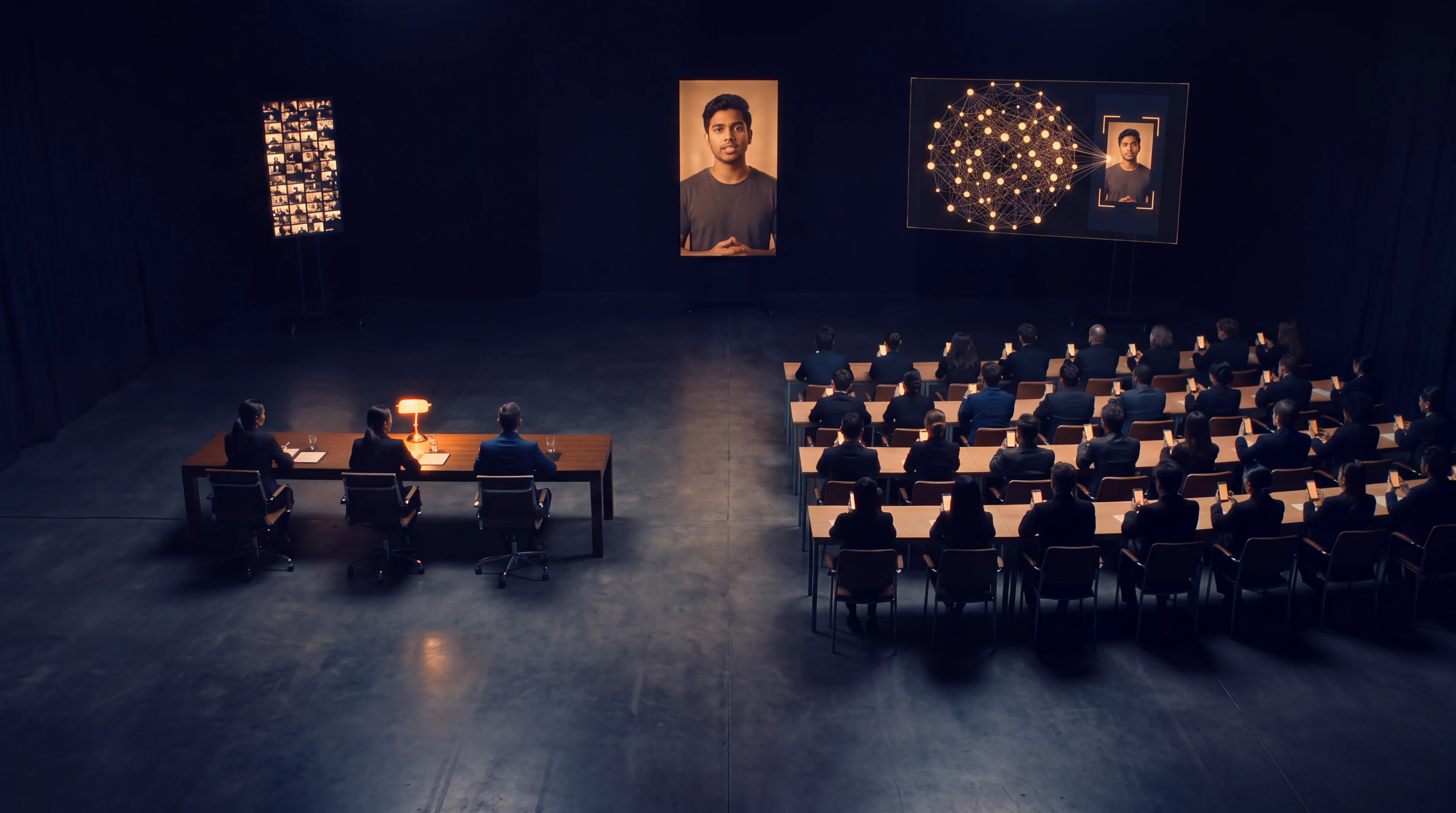 A dark review hall seen from above. On the left a jury of three sits at a lamp-lit table. On the right about forty reviewers hold up glowing phones. At the far end a large screen shows a young founder speaking to camera, a wall of small video tiles hangs on the left, and an AI screen on the right shows a glowing network scanning the founder’s face.