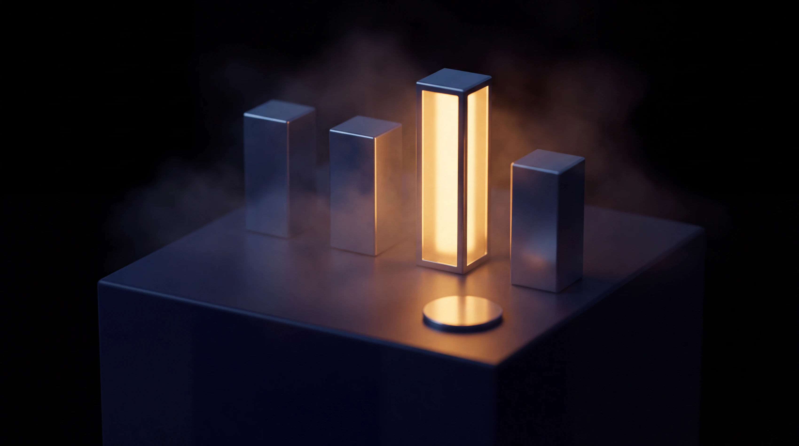Four columns standing on a plinth like a bar chart; the third is the tallest and glows amber from within, lighting a polished disc at its foot.