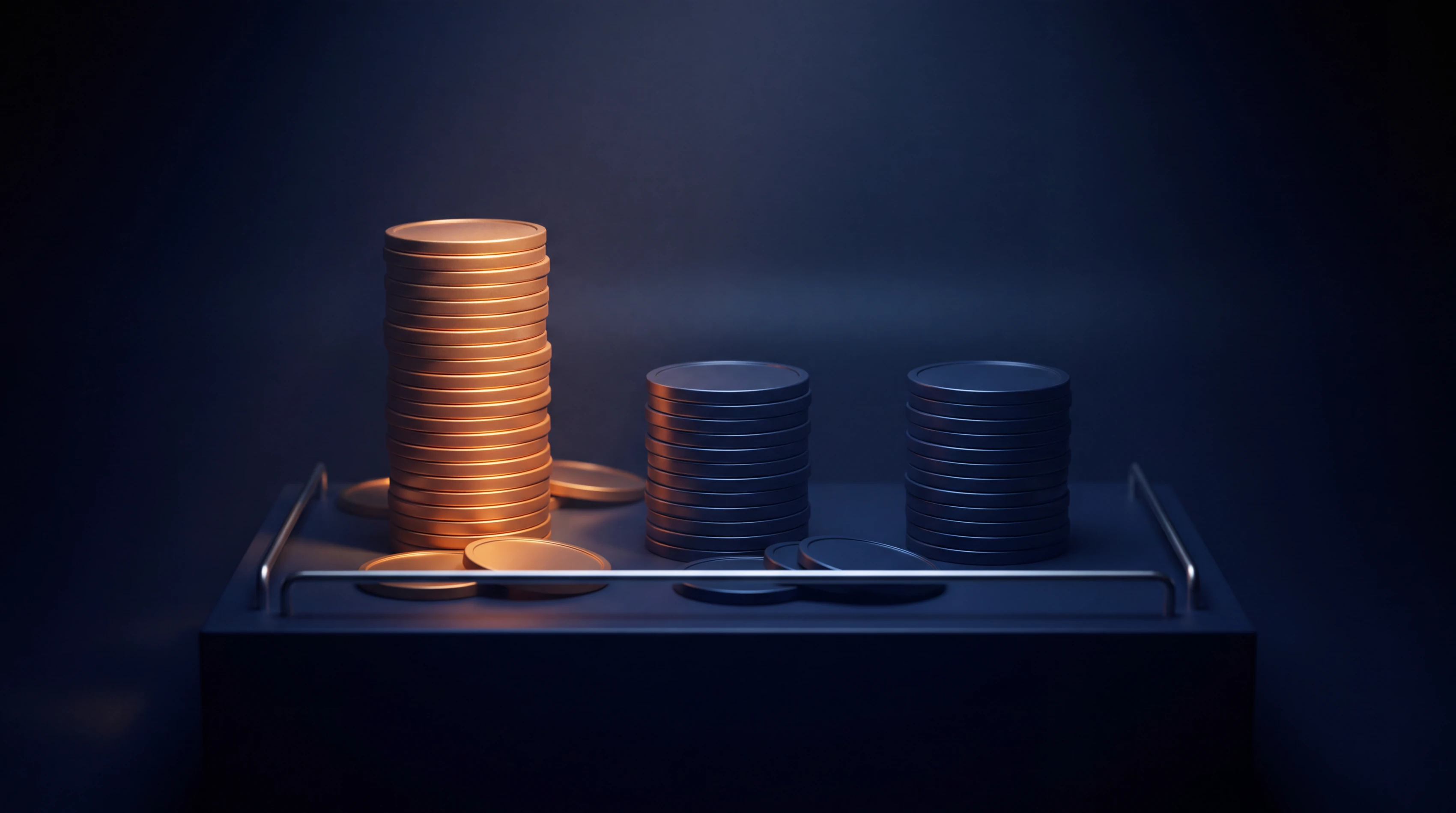 Three stacks of coins on a dark plinth: a tall stack glowing warm amber beside two much shorter unlit stacks of equal height, with loose coins resting on a polished rail across the front.