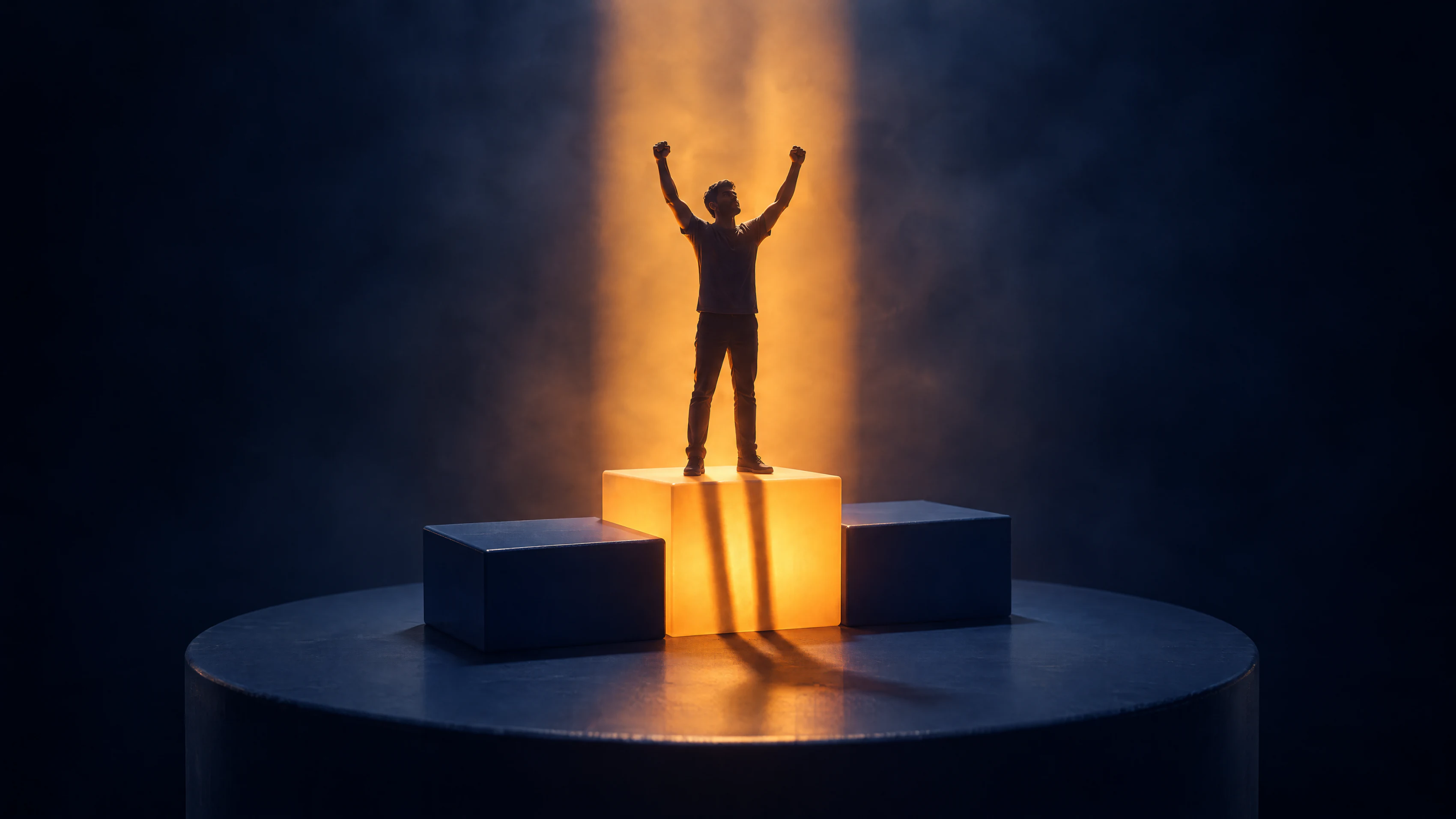A three-step podium on a circular plinth: a young founder in a dark t-shirt stands on the glowing amber centre step with both fists raised, silhouetted inside a shaft of amber light rising into the dark.