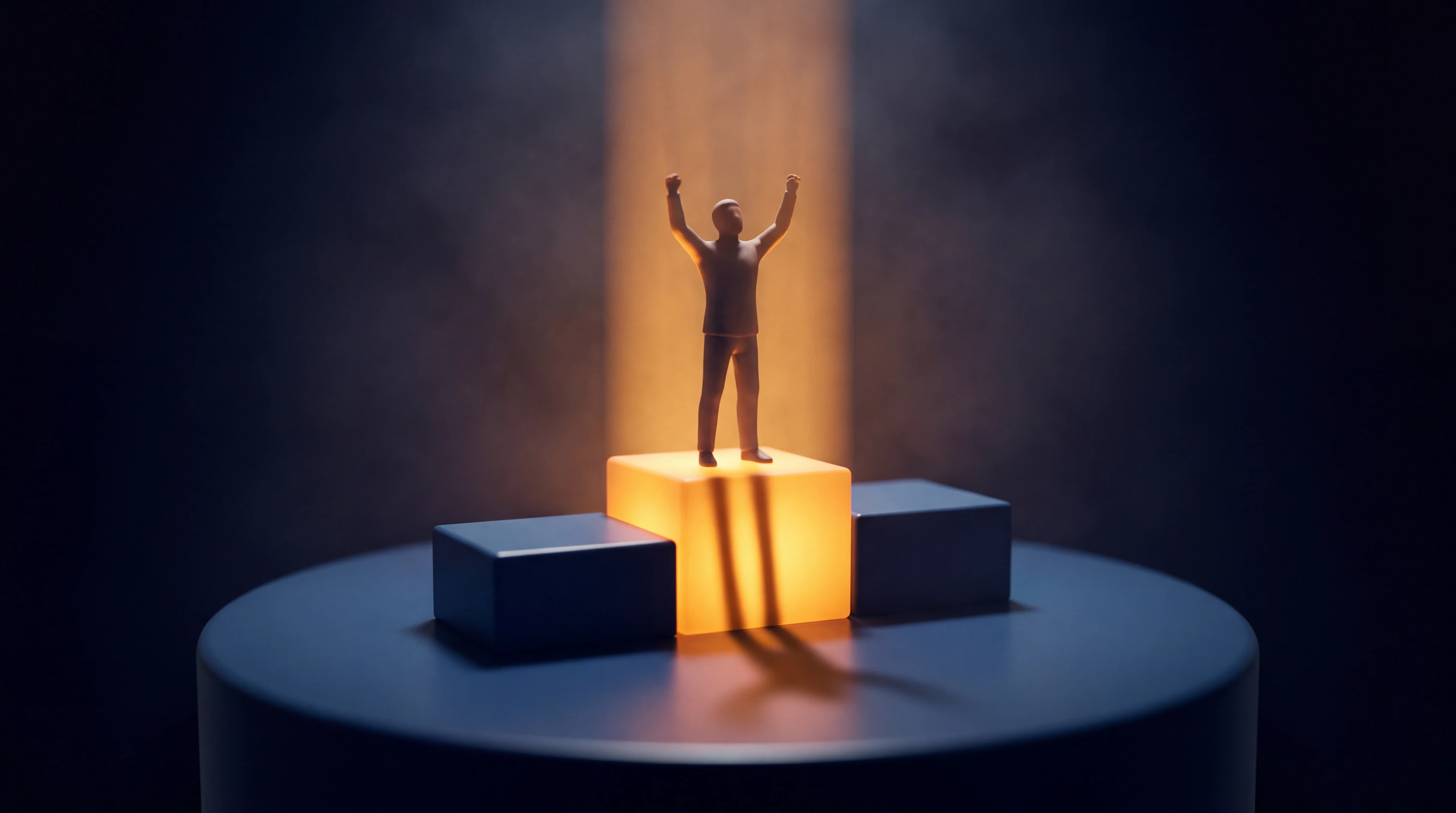 A three-step podium on a circular plinth: the founder, modelled as a clay figure, stands on the glowing amber centre step with both arms raised, silhouetted inside a shaft of light rising into the dark.